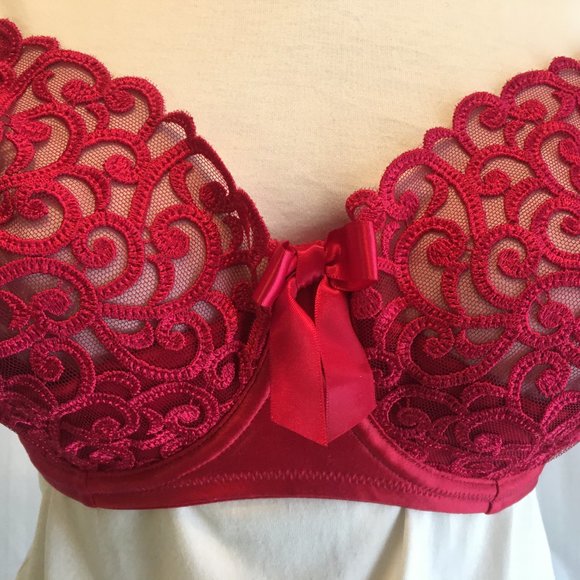 Victoria's Secret 34DD Unlined 1/2 Padding Push Up Cherry Red Lace Underwire Bra - Picture 13 of 16